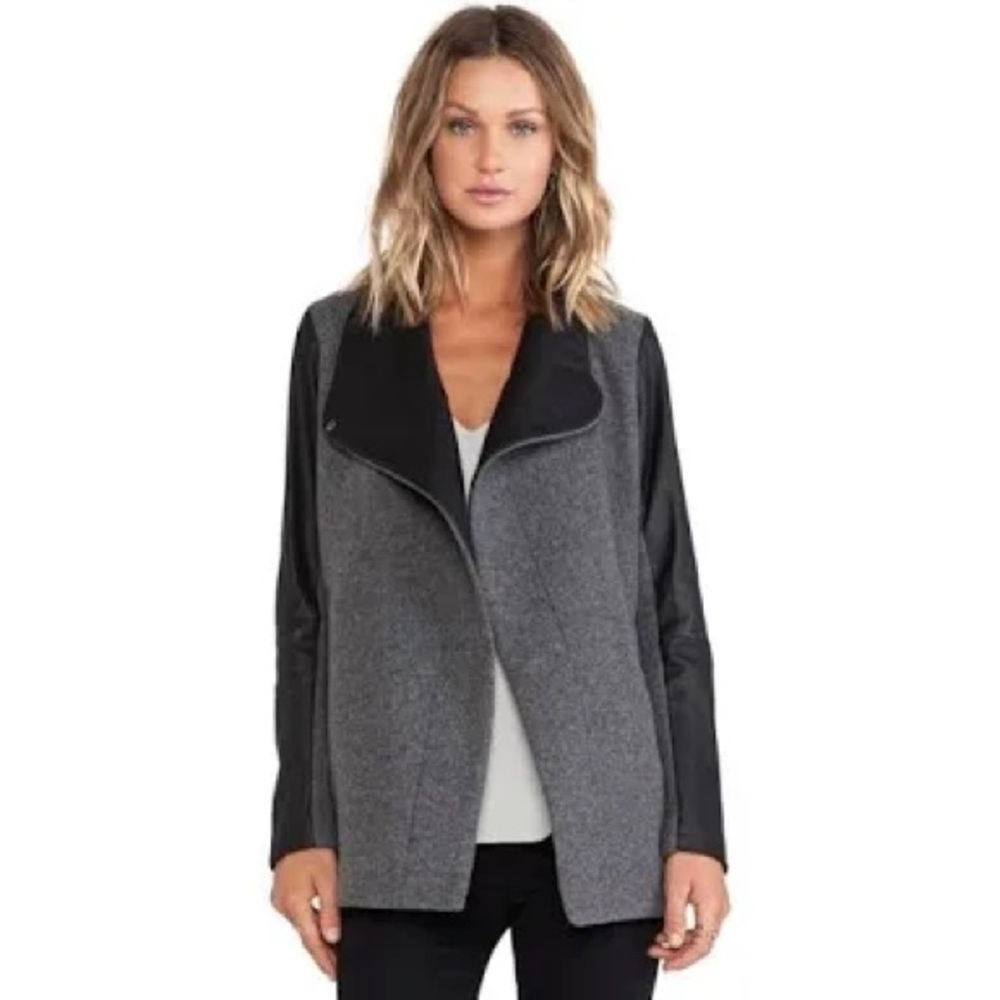 EUC Theory womens Naomo grey virgin wool and black leather open  jacket Size S